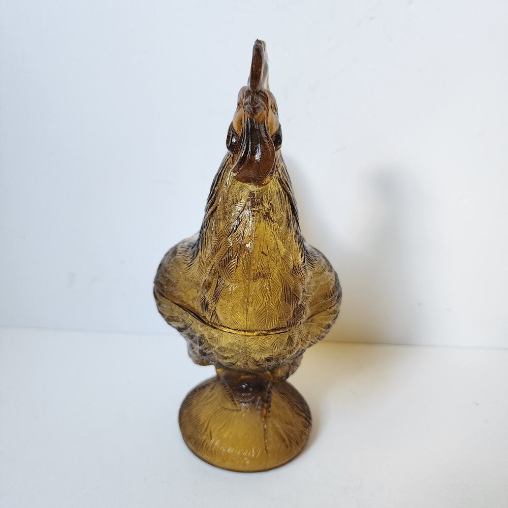 Vintage Golden Amber Glass Rooster Pedestal Lidded Candy Dish 9” Tall Unmarked - Picture 3 of 9